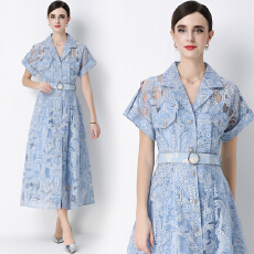 批发实拍法式度假风翻领<b class='q'>短袖</b>单排扣镂空刺绣连衣裙内搭吊带送腰带