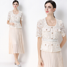 批发实拍法式名媛轻奢修身显瘦蕾丝拼接<b class='q'>假两件</b>中长百褶<b class='q'>连衣裙</b>