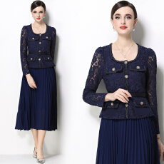 批发实拍法式小香风新款轻奢修身显瘦方领蕾丝拼接中长百褶裙