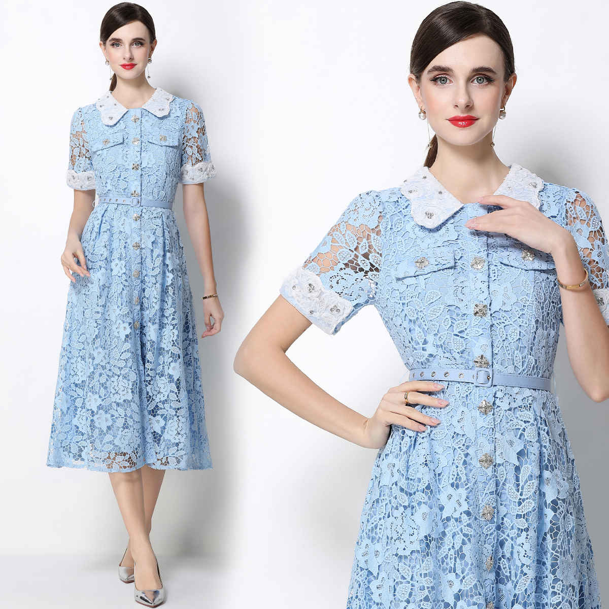 RY1735# 实拍法式蕾丝高腰A字裙娃娃领短袖收腰显瘦连衣裙女配腰带