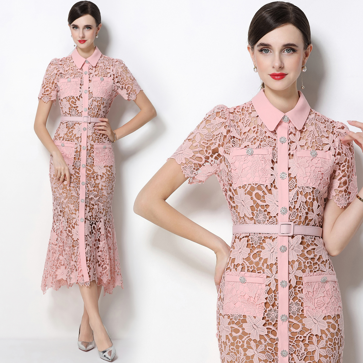 RY1733# 实拍优雅气质翻领短袖蕾丝连衣裙收腰修身鱼尾裙内搭吊带配腰带