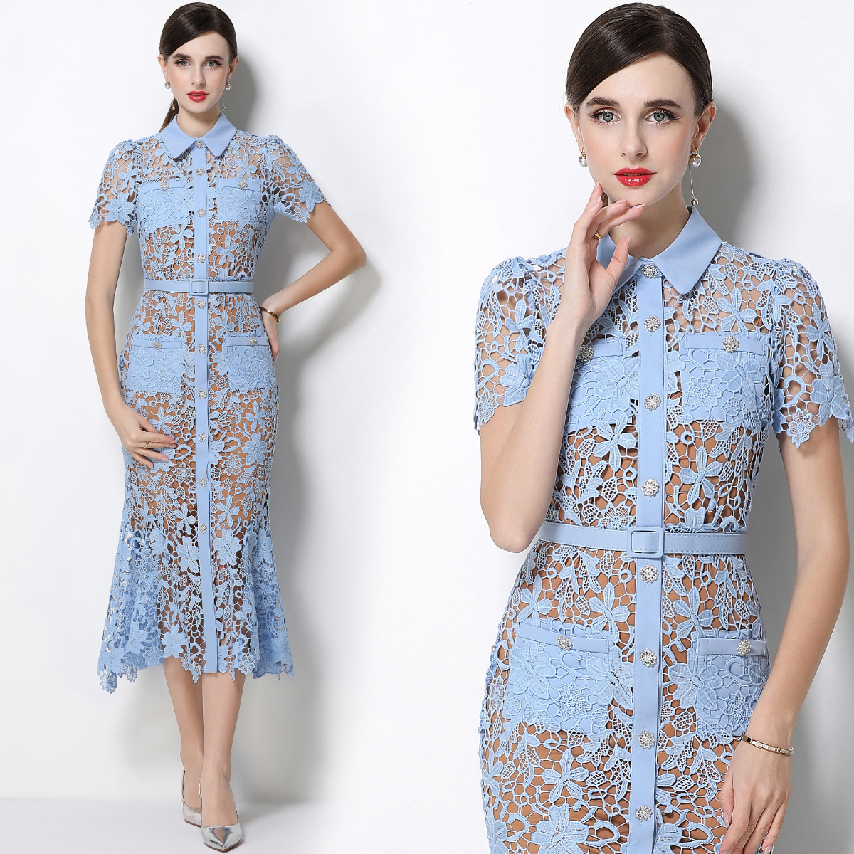 RY1732# 实拍优雅气质翻领短袖蕾丝连衣裙收腰修身鱼尾裙内搭吊带配腰带