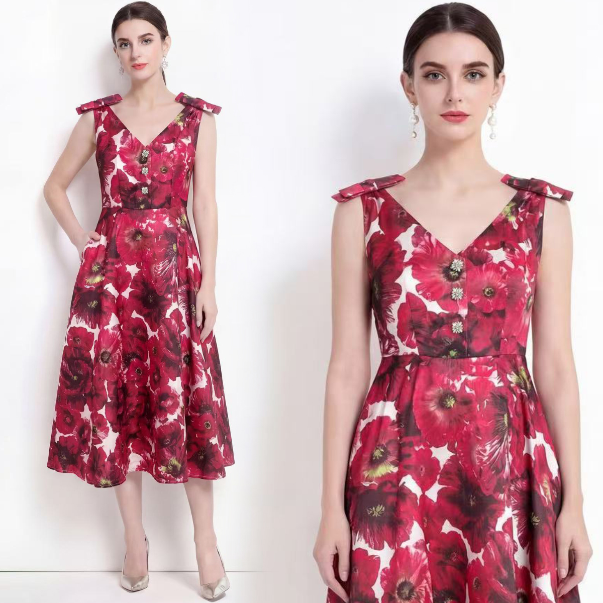 RY2856# 实拍赫本风重工立体蝴蝶结镶钻V领大下摆连衣裙有胸垫