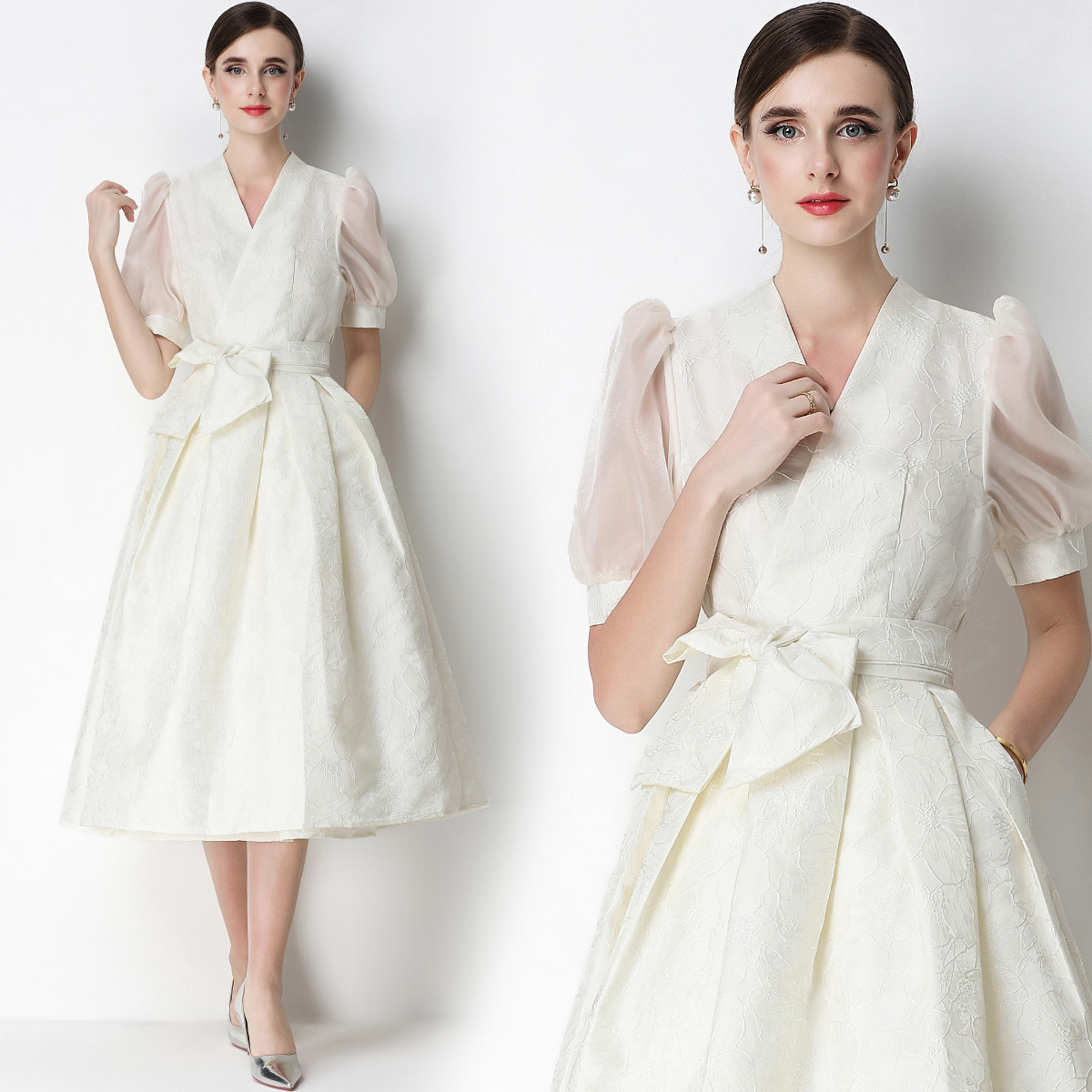 RY3216# 实拍轻奢高级感提花圆领无袖连衣裙女排扣收腰显瘦中长裙