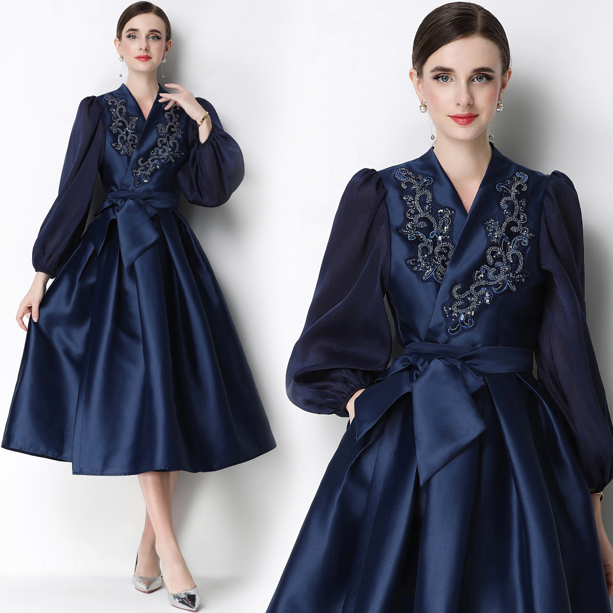 RY3215# 实拍优雅气质缎面V领连衣裙泡泡袖绑带收腰显瘦A字礼服裙配花...