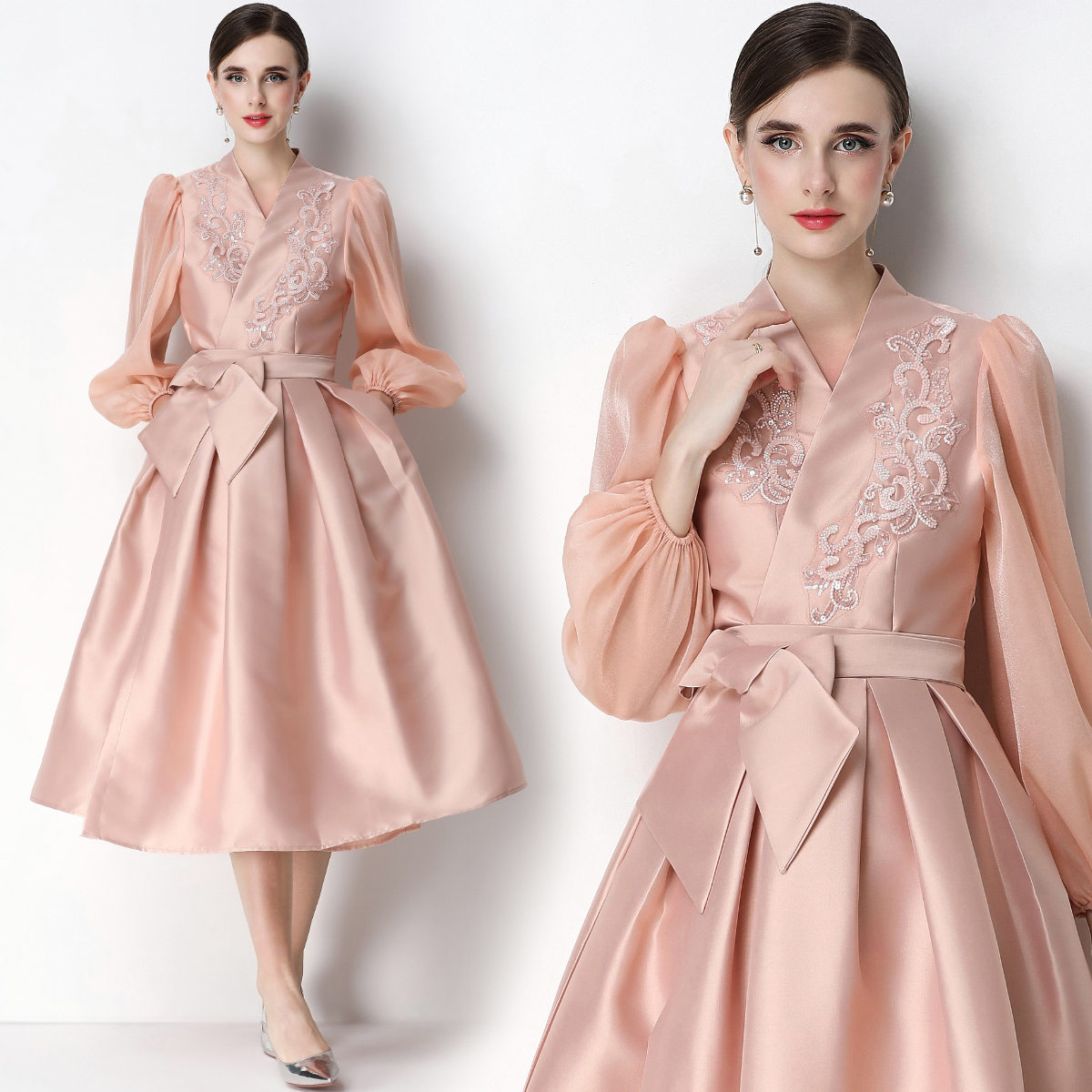 RY3214# 实拍优雅气质缎面V领连衣裙泡泡袖绑带收腰显瘦A字礼服裙配花朵