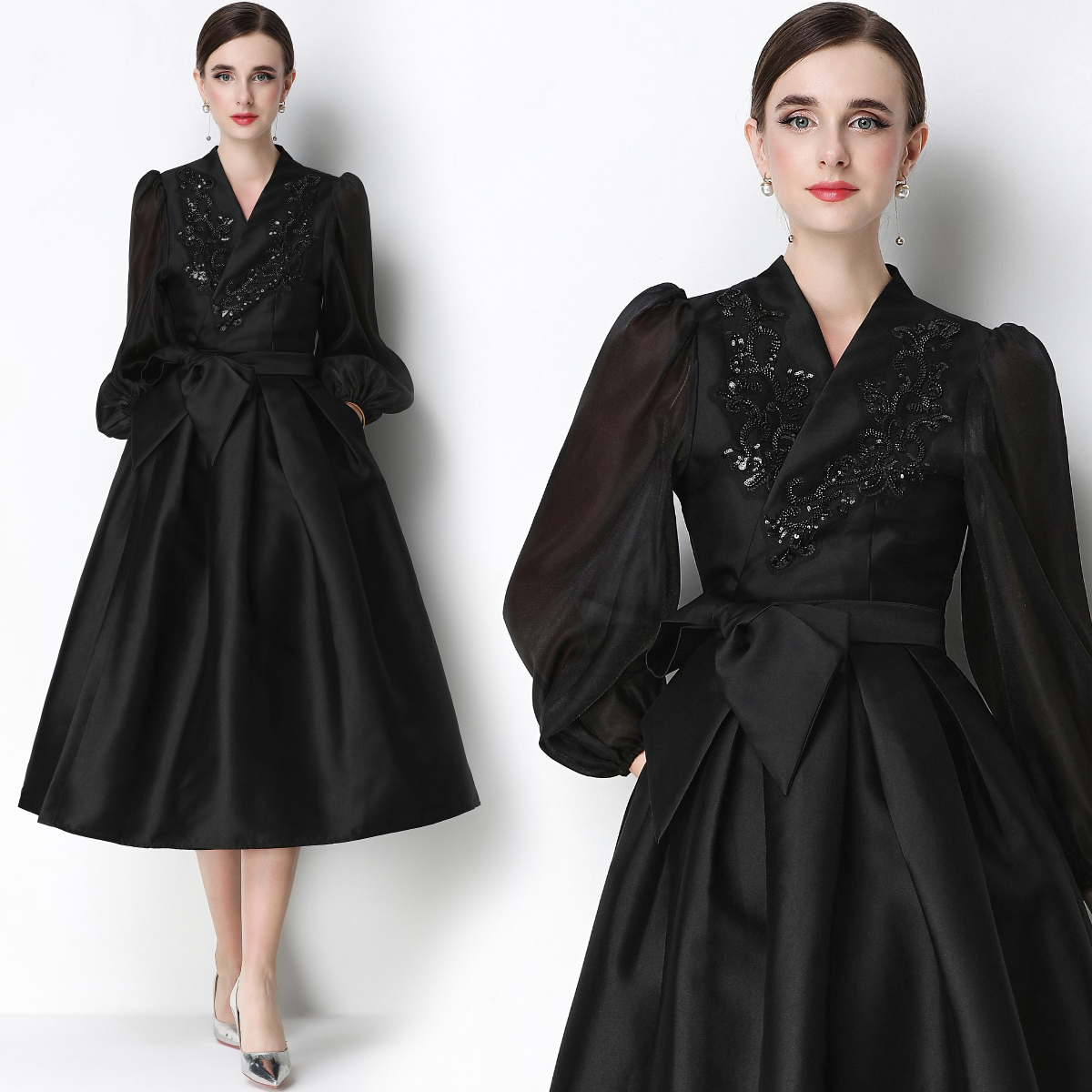 RY3213# 实拍优雅气质缎面V领连衣裙泡泡袖绑带收腰显瘦A字礼服裙配花朵