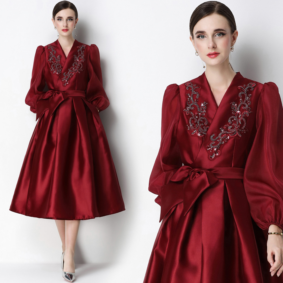 RY3212# 实拍优雅气质缎面V领连衣裙泡泡袖绑带收腰显瘦A字礼服裙配花...