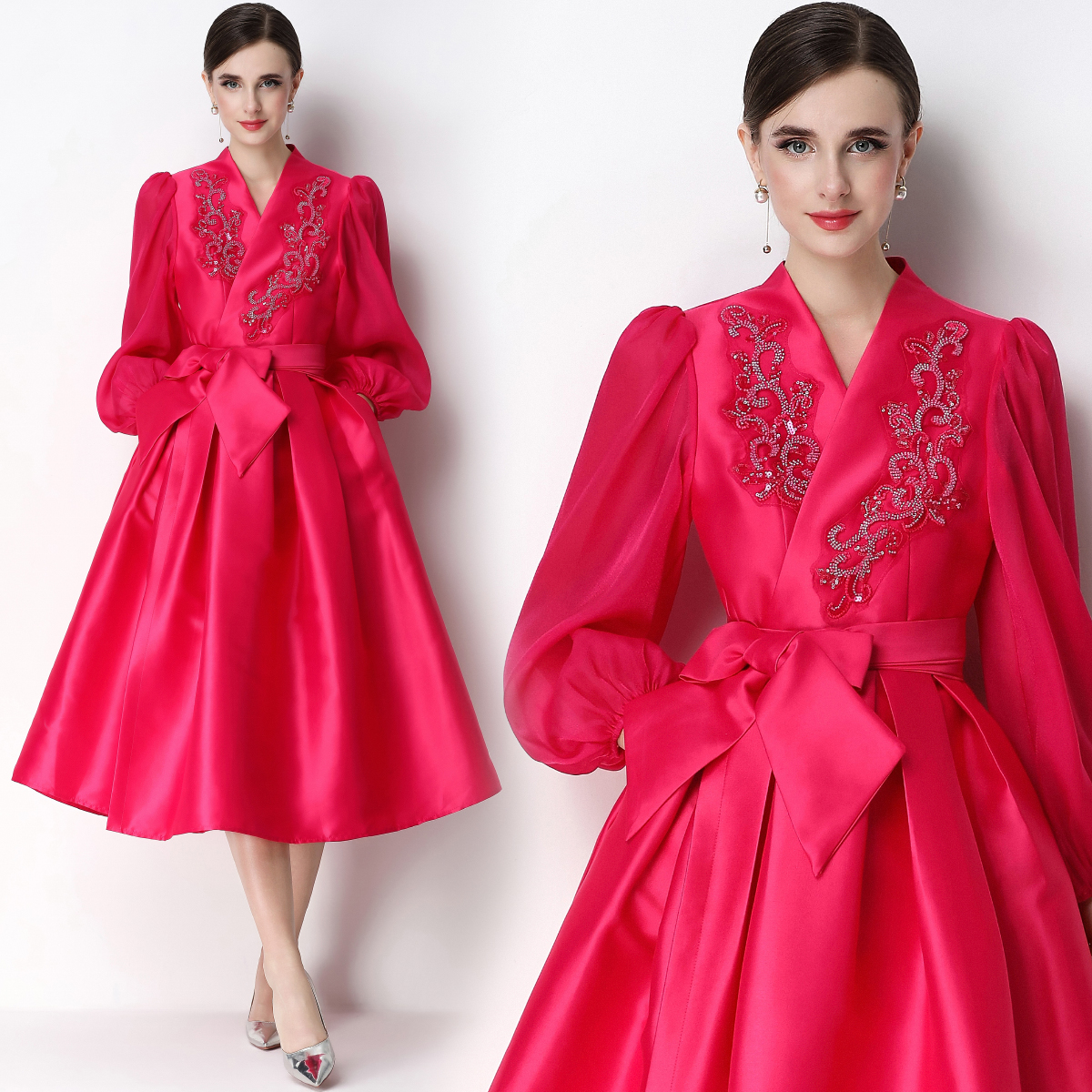 RY3211# 实拍优雅气质缎面V领连衣裙泡泡袖绑带收腰显瘦A字礼服裙配花...