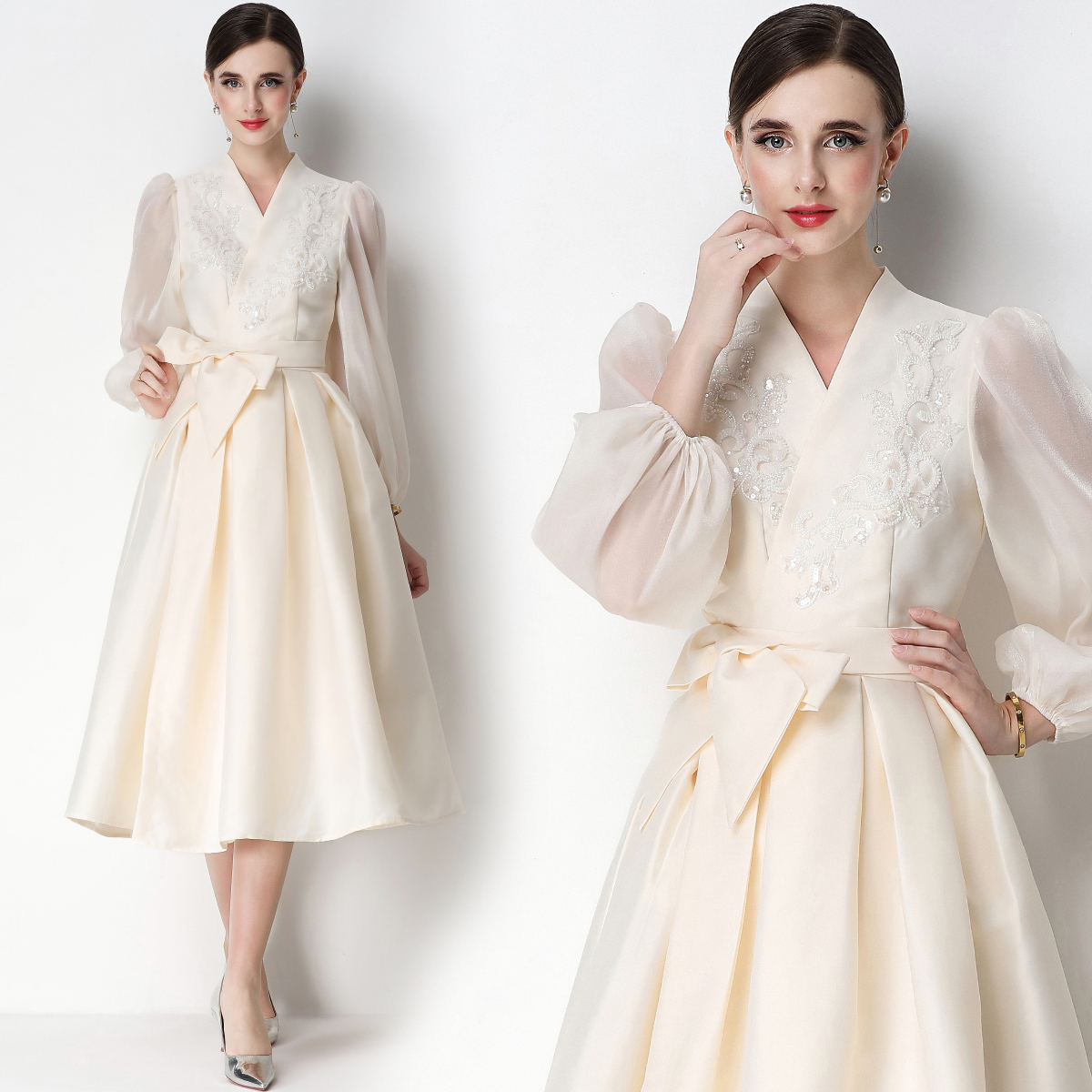 RY3210# 实拍优雅气质缎面V领连衣裙泡泡袖绑带收腰显瘦A字礼服裙配花...