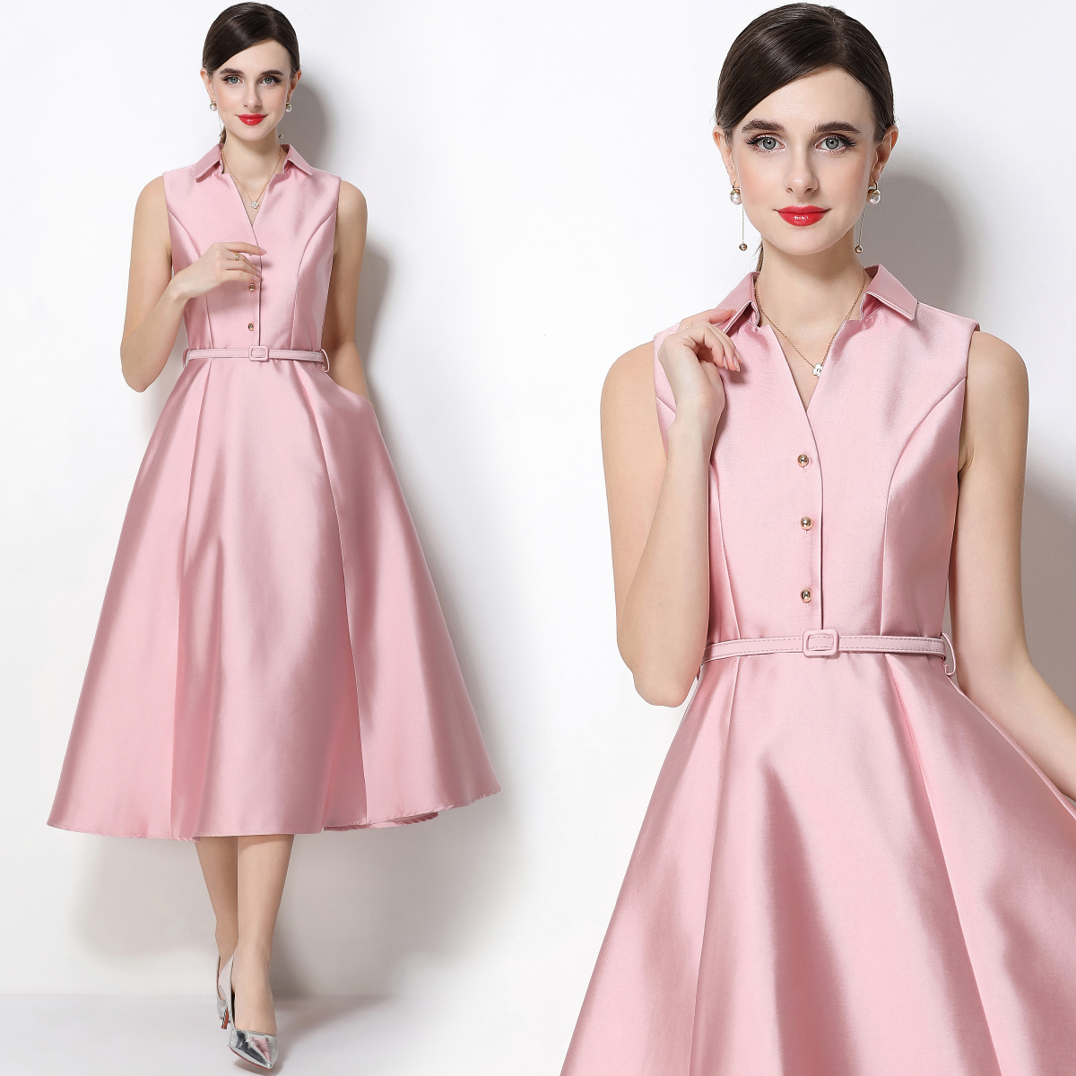 RY3209# 实拍千金风无袖翻领收腰连衣裙高腰A字裙通勤气质修身裙子配腰...