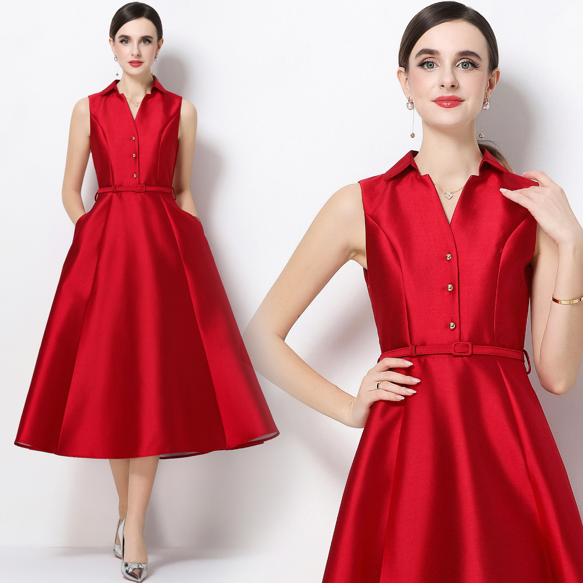 RY3207# 实拍千金风无袖翻领收腰连衣裙高腰A字裙通勤气质修身裙子配腰带