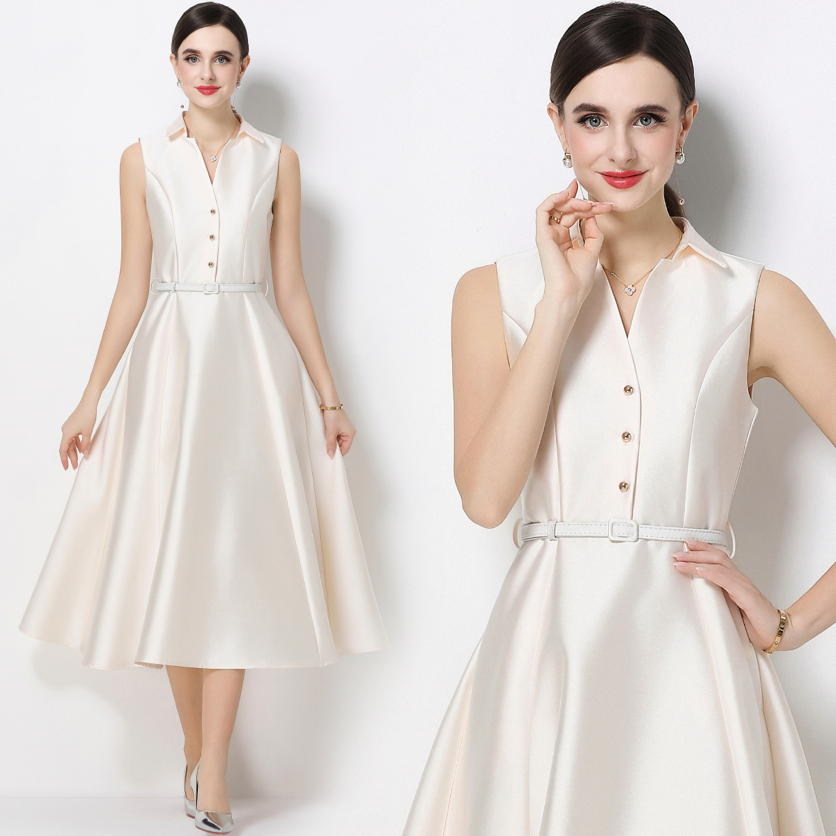 RY3206# 实拍千金风无袖翻领收腰连衣裙高腰A字裙通勤气质修身裙子配腰带