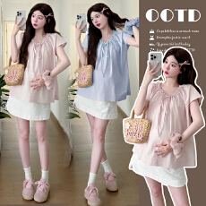 批发实拍~2025简约设计感花边抽绳领气质时髦上衣+时尚半身裙套装