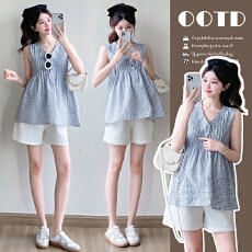 批发实拍~2025简约舒适流行元素可哺乳无袖时尚格子V领上衣