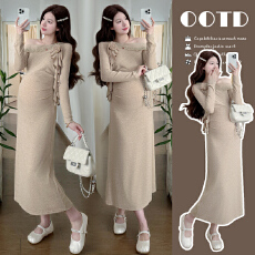 批发实拍现~春季上新2026时尚气质小心机一字肩花边领针织裙孕妇装