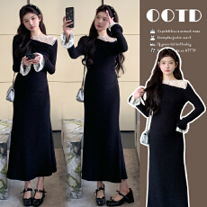 批发实拍~春季上新2026小众文艺显瘦蕾丝花边一字领孕妇装性感小黑裙