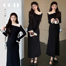 批发实拍~春季上新2026小众文艺显瘦蕾丝花边一字领孕妇装性感小黑裙