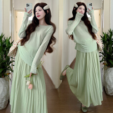 批发实拍~2026新品简约舒适宽松慵懒<b class='q'>文艺</b><b class='q'>范</b>针织上衣+半身裙两件套