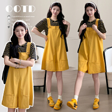 批发实拍~2026夏季时尚简约削皮舒适慵懒气质背带<b class='q'>裤</b>+黄色条纹T两件套