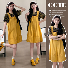 批发实拍~2026夏季时尚简约削皮舒适慵懒气质背带<b class='q'>裤</b>+黄色条纹T两件套