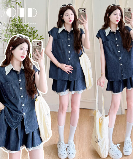 실사 지금 2026 여름 새로운 캐주얼 바람 배색 폴로 칼라 셔츠 치마바지 투피스 슈트 출산 착용