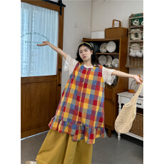 批发实拍  彩格背心裙＋<b class='q'>蕾丝</b>内搭短袖＋阔腿裤<b class='q'>三件</b>套<b class='q'>女</b>