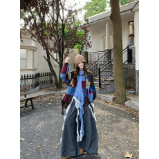 批发实拍实价 格纹撞色开衫毛衣+不规则设计感T恤+阔腿裤