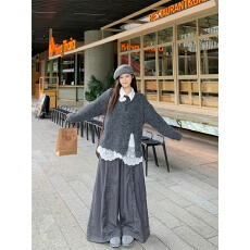 批发实拍实价 慵懒设计感立体花朵套头毛衣+百搭蕾丝拼接衬衫+阔腿<b class='q'>裤</b>