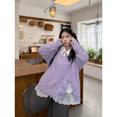 批发实拍实价 慵懒设计感立体花朵套头毛衣+百搭<b class='q'>蕾丝</b>拼接<b class='q'>衬衫</b>+休闲裤