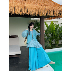 批发实拍 韩系显瘦宽松百搭不规则荷叶边拼接<b class='q'>衬衫</b>+马甲+百搭阔腿<b class='q'>裤</b>