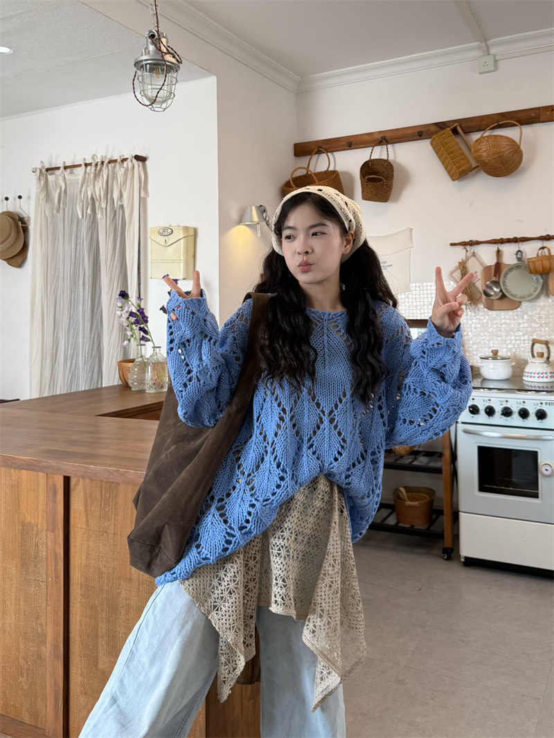 실사 봄 느긋한 바람 홀로우 아웃 니트 블라우스 다용도 랩스커트팬츠