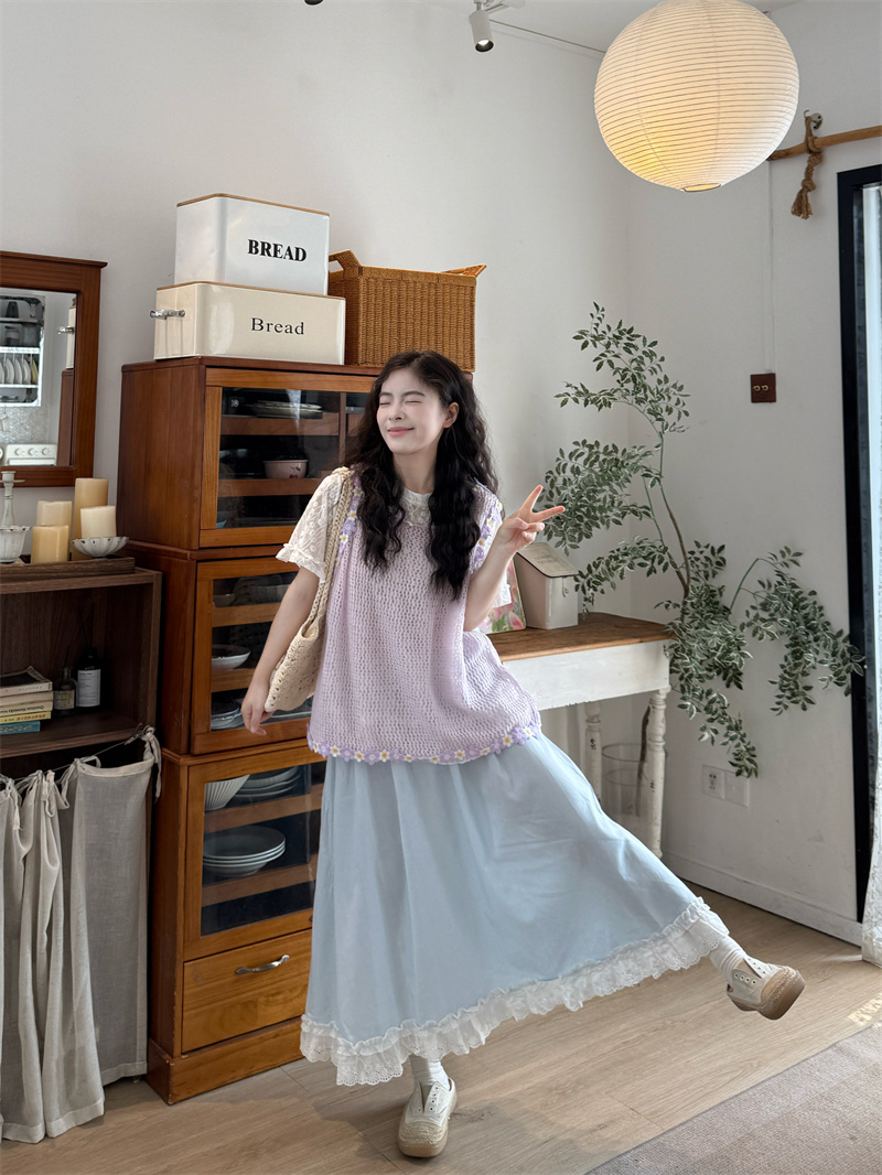 실사 홀로우 아웃 3 차원 꽃 베스트 레이스 티셔츠 반신 스커트