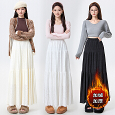 批发实拍韩系加绒<b class='q'>蕾丝</b>镂空蛋糕半身裙女秋冬高腰显瘦遮跨大摆伞裙长裙