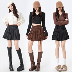 批发实拍韩版毛呢<b class='q'>百褶</b>半身裙女2025秋冬学院风高腰显瘦防走光A字短裙