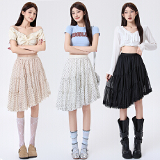 批发实拍不规则波点网纱半身裙女2026韩系春夏高腰蓬蓬中长款仙女裙