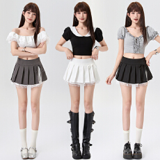 批发实拍蕾丝拼接百褶半身裙女2026春夏高腰显瘦蝴蝶结开叉A字短裙