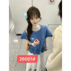 批发2026早春新款韩系蓝色针织马甲+碎花打底衫+半身裙三件套