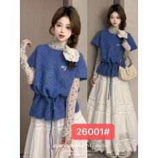 批发2026早春新款韩系蓝色针织马甲+碎花打底衫+半身裙三件套