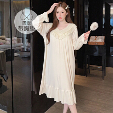 批发<b class='q'>莫代尔</b>睡衣女春秋季公主风带胸垫长袖中长睡裙大码220斤胖M家居服