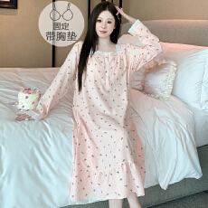 批发云朵棉睡衣女春秋季甜美公主风带胸垫中长睡裙加大码220斤<b class='q'>家居服</b>