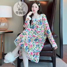 批发云朵棉睡衣女春秋季甜美公主风带胸垫中长睡裙加大码220斤<b class='q'>家居服</b>