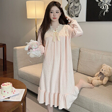 批发海岛绒睡衣女<b class='q'>秋</b>冬季甜美公主风长袖中长睡裙加肥大码220斤家居服