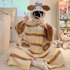 批发长毛绒睡衣女秋冬季甜美卡通连帽长袖宽松睡袍加大码350斤家居服