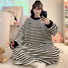 批发半边绒睡衣女秋冬季甜美休闲风长袖中长睡裙大码250斤家居服外穿