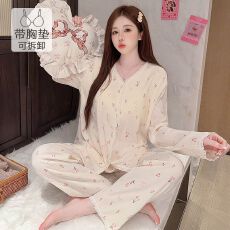 批发云朵棉睡衣女春秋甜美公主风带胸垫长袖长裤加肥大码230斤家居服