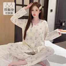 批发云朵棉睡衣女春秋甜美公主风带胸垫长袖长裤加肥大码230斤家居服