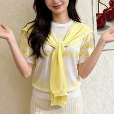 批发夏季新款条纹针织短袖女减龄披肩两件套设计系带装饰百搭休闲上衣