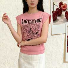 批发夏季圆领无袖针织衫女字母印花宽松显瘦休闲百搭外穿时尚无袖上衣