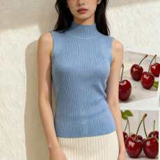 批发夏季半高领无袖<b class='q'>针织衫</b>女背心修身显瘦波浪纹薄款百搭外穿气质上衣